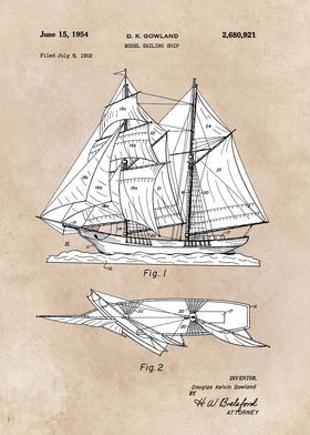 patent art Gowland 1954 Model sailing ship