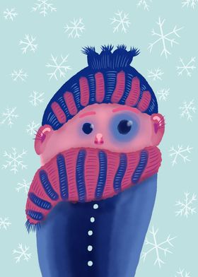 Freezing character in winter with hat and scarf