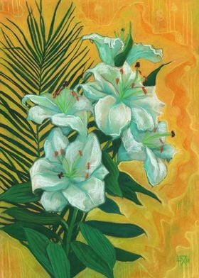 White Lilies and Palm Leaf