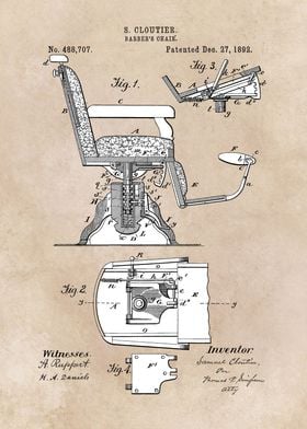 patent art Cloutier 1892 Barbers chair