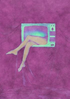 Legs of a woman going out of a television set