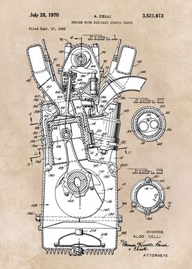 patent art Celli 1970 Engine with die cast static 