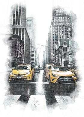 New York cab  art Vintage Illustrated Travel Poster Print painting Framed Canvas 