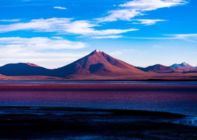 Volcano & Red lake with Flamingos in Bolivia