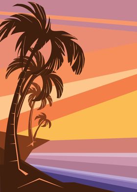fantasy tropic ocean sunset with palms