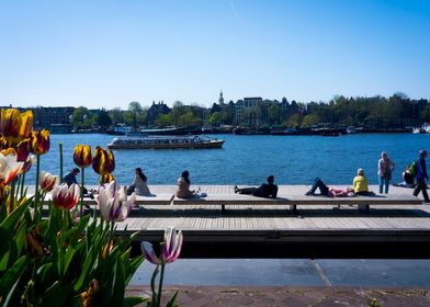 People chilling @ sunny Canals of Amsterdam.Tulips