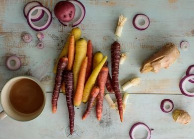 Fresh Market vegetable flat lay with coffee