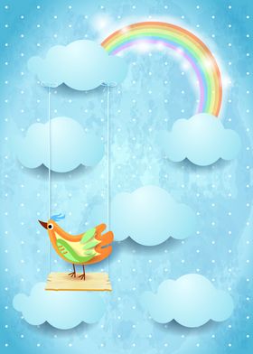 Surreal sky with swing and colorful bird