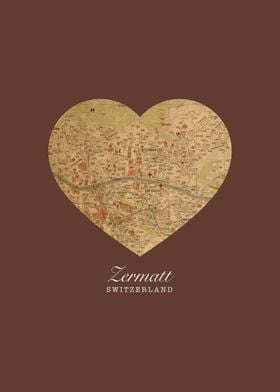 I Heart Zermatt Switzerland Street Map Love Series