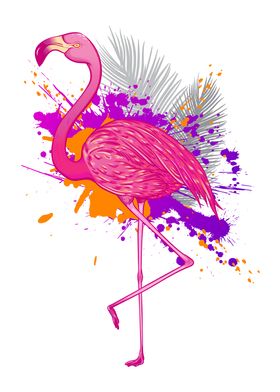 Pink flamingo in paint splash on background.