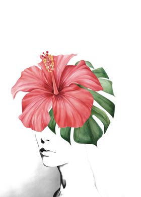 Collage with woman and tropical flower hibiscus