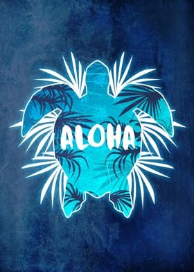 Aloha Sea Turtle on Blue Grunge Background