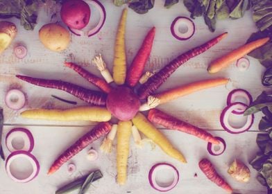 Colorful carrots and root vegetable mandala