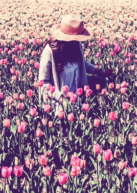 Girl in Pink Hat in Field of Flowers: Pink Tulips