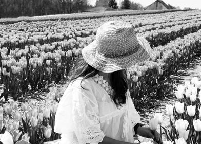 Picking Flowers - Girl in a Tulip Field
