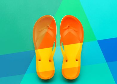 Flip flops with pop colors, top view flat lay mode