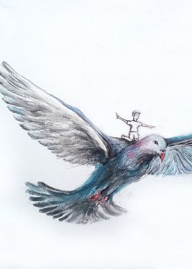 little man flying on pigeon
