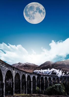 Moon over the train