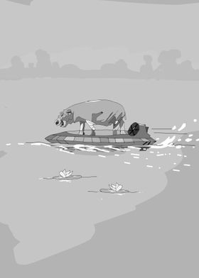 hippo on a hover boat