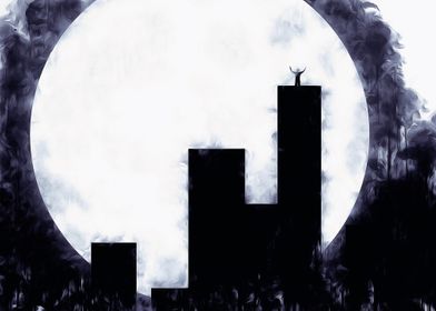 Black city with moon