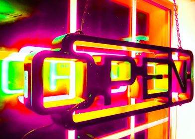 colorful open neon sign