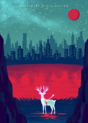 City and Deer Red Moon