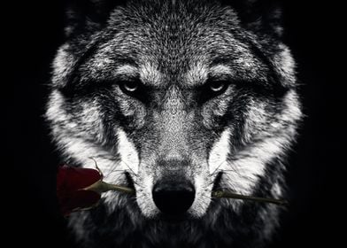 WOLF with a red rose 