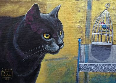 Black cat and a birdcage