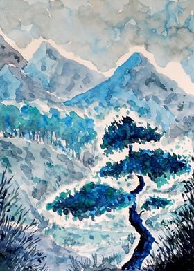 Blue Watercolor Landscape