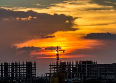 Sunset over construction