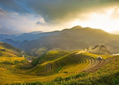 Sunset over rice terraces