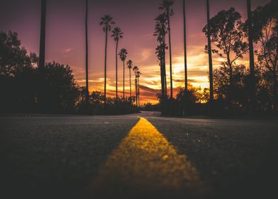 long road and sunset 