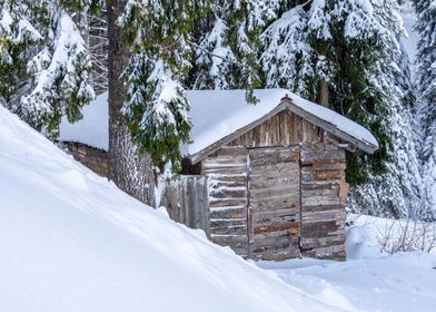 Wooden house in the snow