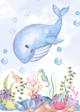 watercolor whales in sea 