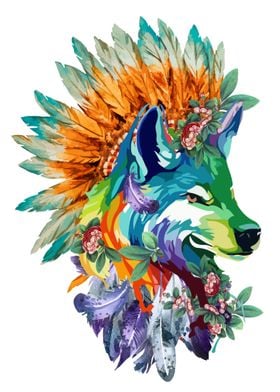 Wolf watercolor flowers