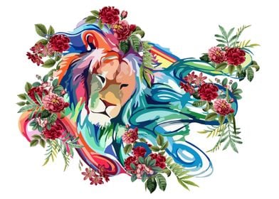 Lion watercolor flowers