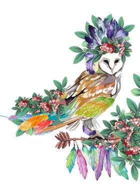 Owl watercolor flowers