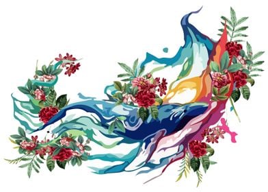 Whale watercolor flowers