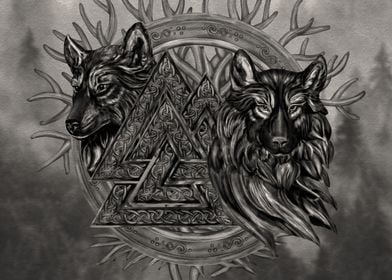 Valknut Symbol and Wolves