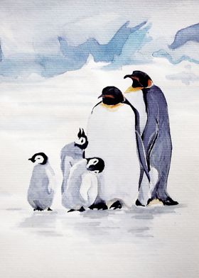 Watercolor penguin family 