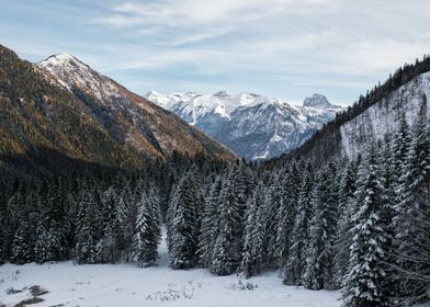 Snowy mountain valley