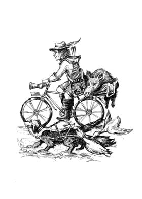 Hunter with dog on bicycle