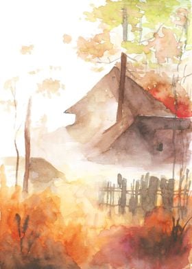 two house in autumn forest