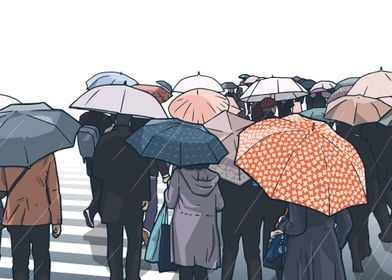 Rainy day Tokyo crowd