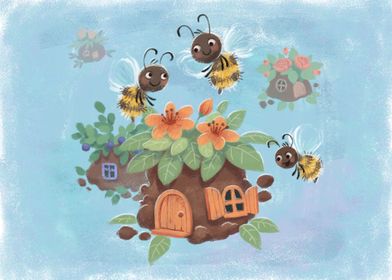 Bee house in cartoon style