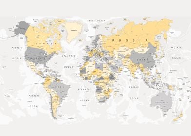 World Map Yellow and Grey