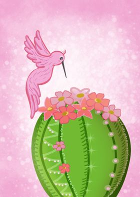 Pink colibry on cactus
