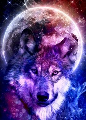 Mystic wolf face with moon