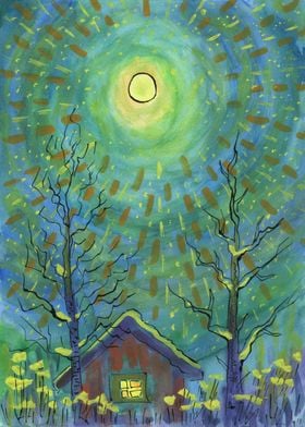House Moon And Trees