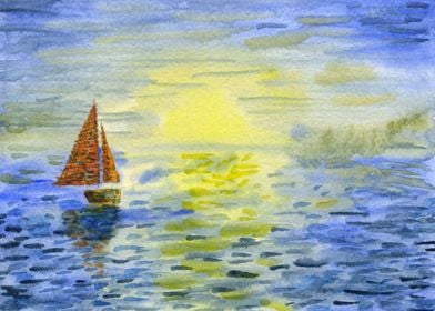 Jacht On The Sea At Sunset